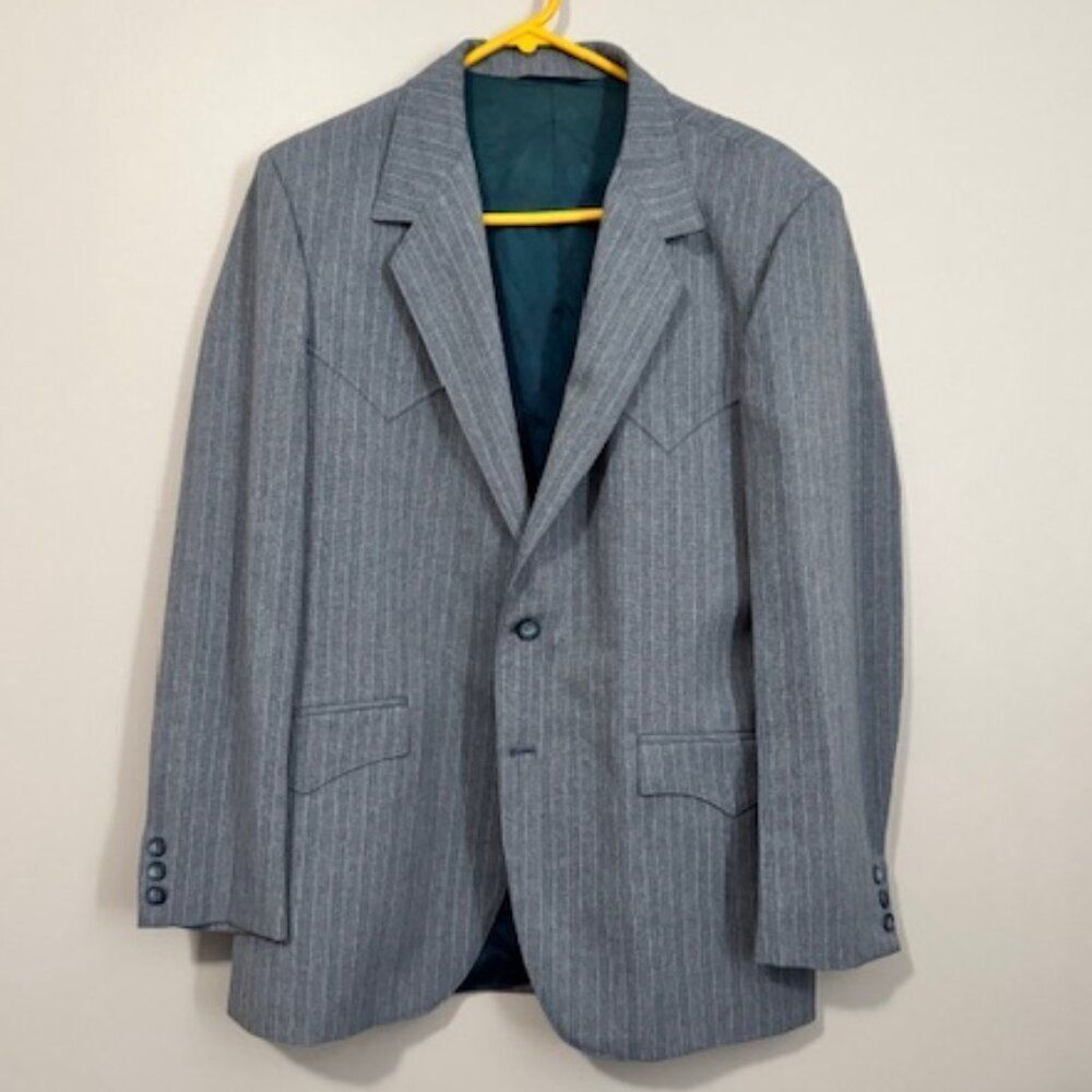 USED Men's Circle S Long Sleeve Blazer Jacket Size 42R Color Grey Lining Green